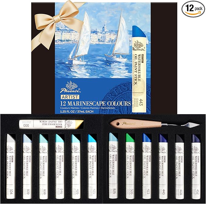 PHOENIX Blue Oil Paint Stick - Set of 12 Ocean Marine Colors 37ml Large Soft Oil Pastels for Artists