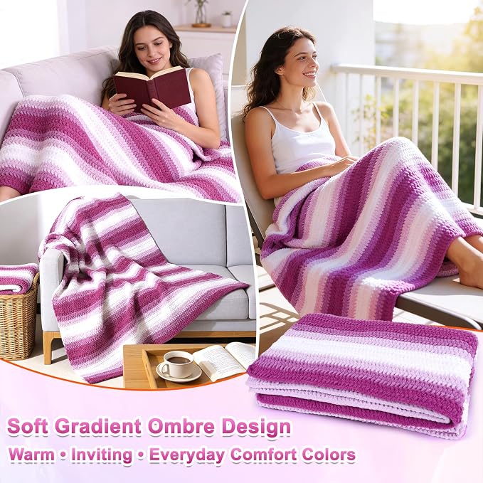 Reessy Crochet Blanket Kit for Beginners Adults – Gradient Purple Ombre Throw Blanket Kit with Soft Chenille Yarn, Hooks & Instructions – Handmade Crochet Starter Set for Adults
