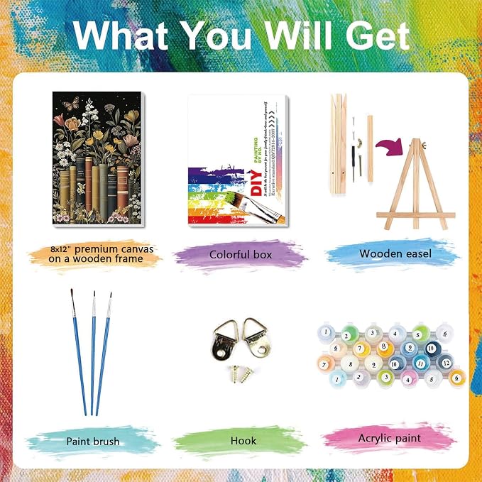 xackcme Book Paint by Numbers for Adults with Framed Canvas 8x12 inch | Flowers Paint by Number on Canvas, DIY Books Acrylic Oil Painting Kits with Wooden Easel Brushes for Home Wall Decor