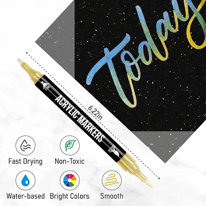 Pagather Metallic Acrylic Paint Markers, 24 Colors Dual Tip Pens Set | For Rocks, Fabric, Wood, Glass & More, Perfect for DIY Crafts and Creative Art Projects with Bright, Smooth and Quick-Dry Ink