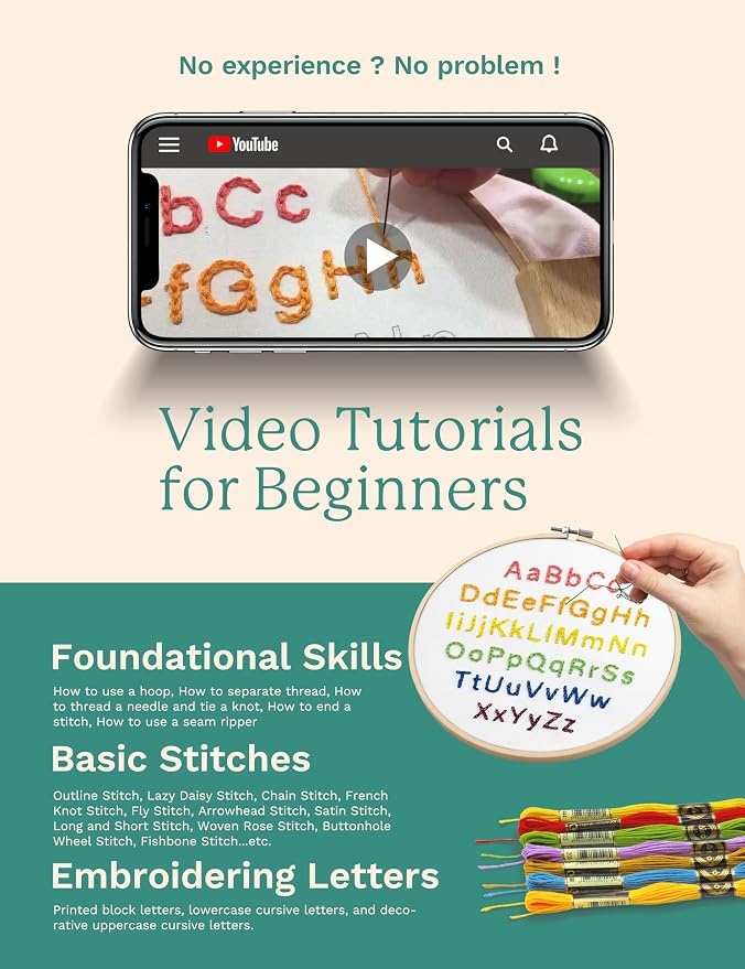Bradove Alphabet Embroidery Kit for Beginners with Patterns | Letters Practice Beginners Embroidery Kit for Adults and Kids, Hand Embroidery, Learn to Embroider Kit Adult Beginner