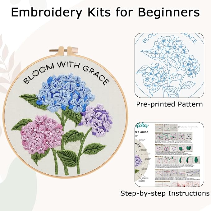 Nuberlic Hydrangea Embroidery Kits for Beginner Adults | Cross Stitch Kit with Stamped Pattern Include Cloth Hoops Threads Needles,Needlepoint Kits