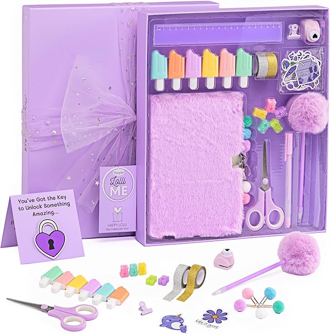 HAPPY LOLLI Purple LolliME DIY Journal Kit for Tween & Teen Girls Ages 8–14, Birthday Gift, 300+ Pieces Lockable Diary Set, Arts & Crafts, Scrapbook & Creative Journaling