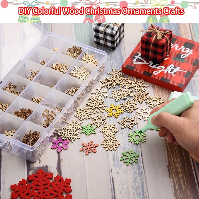 200 Pcs Unfinished Wooden Snowflake Ornament DIY Wood Snowflakes Cutouts Blank Wood Slices Christmas Tree Hanging Ornaments Embellishments for Winter Christmas Xmas Tree Craft Decorations,1.2 Inch