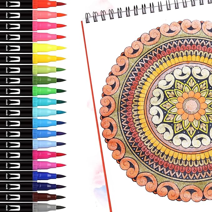 Orange & Yellow Double Tip Brush Pens Art Markers,12 Colored Artist Fine Brush Pen Coloring Markers for Adult Drawing Art Craft Kit