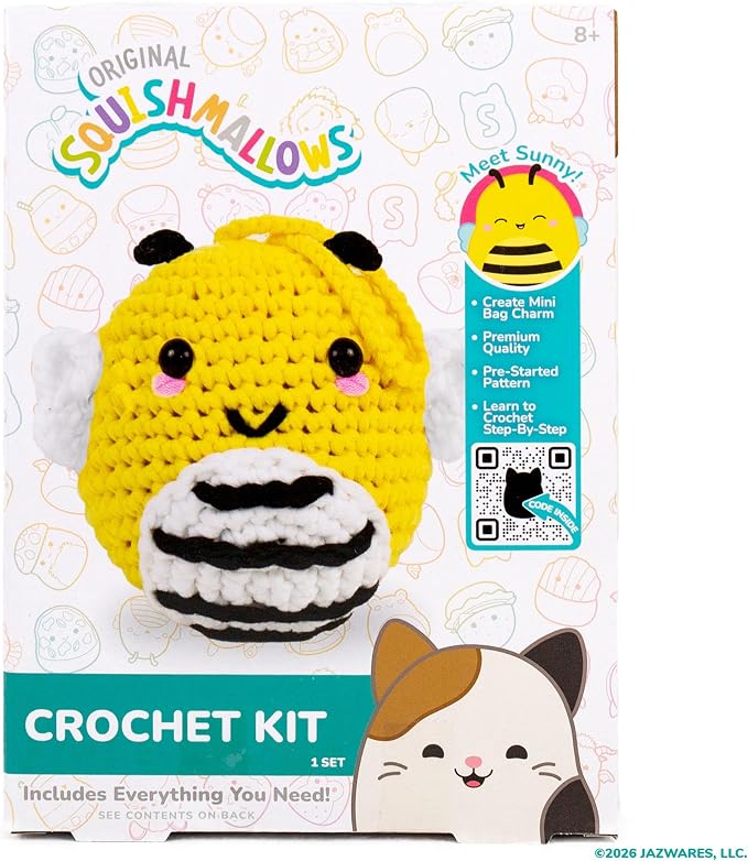 Original Squishmallows™ Crochet Kit – Sunny Bag Charm, Bumblebee Crochet Kit for Beginners with Yarn, Starter Hooks, Step-by-Step Tutorials, DIY Craft, Great Teen Gifts