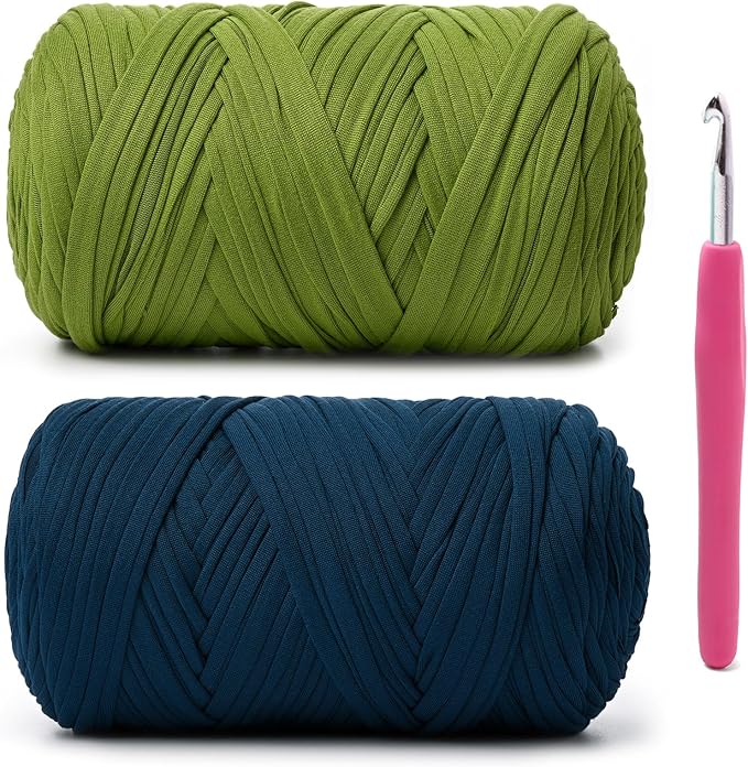 2 Pack Soft Tshirt Crochet Yarn, 800g/228yds High Elastic Hand Knitting Yarns, Thick T Shirt Yarn for Crocheting Bags, Baskets, Cushions, DIY Crafts(Lime Green + Denim Blue
