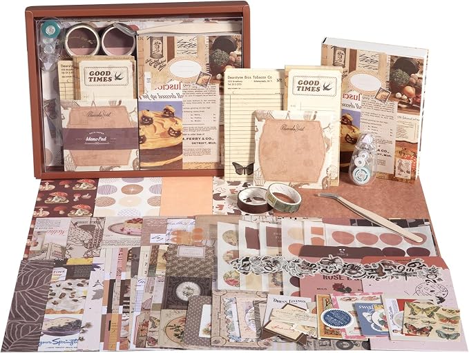 Upgraded Scrapbook Photo Album Supplies Kit with Tweezers and Glue Tape – Vintage Aesthetic Junk Journal Kit, Large Scrapbooking Paper, Sticker Pack, Notebook, DIY Craft, Gift for Adults (Goodtime)