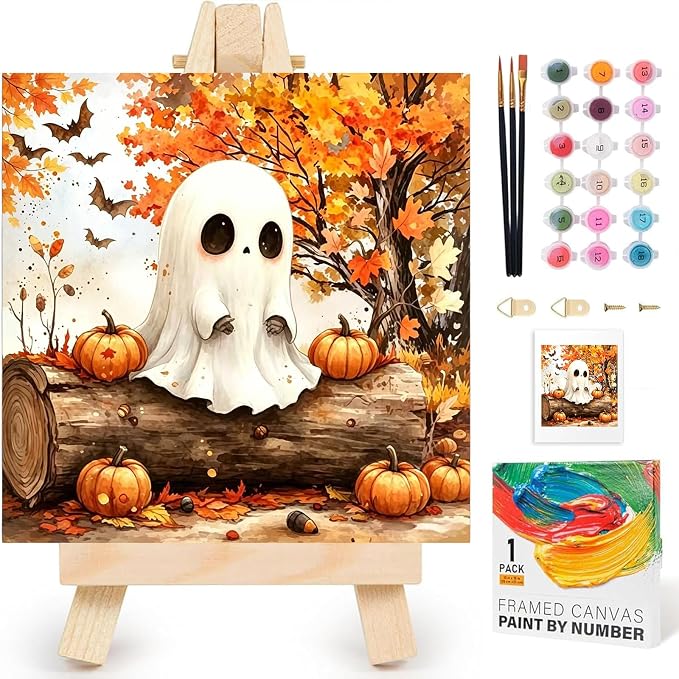 Arttoplus Halloween Framed Paint by Numbers Kit for Adults 10x10inch, Ghost | Adult Paint by Number Kits on Canvas with Easel for Beginner & Kids Ages 8-12, Easy Acrylic Oil Painting Kits for Home Decor