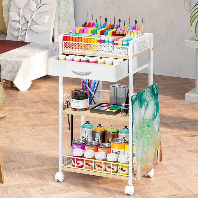 Homsorout 3 Tier Rolling Cart - Metal Utility Cart with Storage Drawer and Wheels, Versatile Art & Craft Organizer for Home, Office, or Studio Ideal for Storing Brushes, Paints, and Supplies White