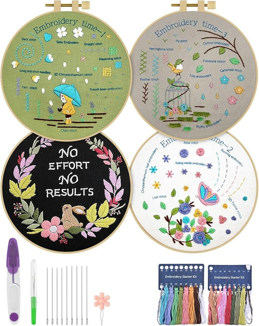 ERKOON 4 Pack Beginner Embroidery Kits for Adults DIY Starter Kit with 33 Stitch Techniques, Stamped Patterns, Embroidery Hoop, Colorful Threads, Tools, Step by Step Instructions & Video Tutorial