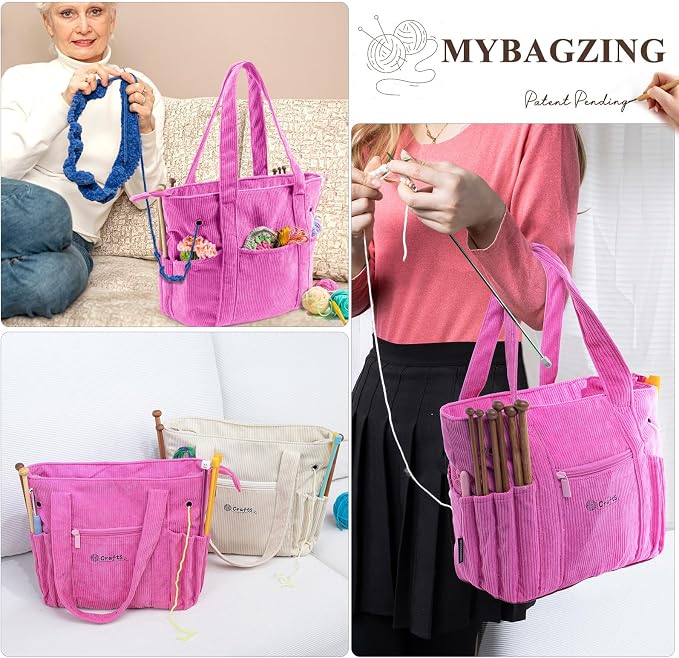 MYBAGZING Crochet Bag and Tote - Corduroy Yarn Bag - Yarn Holder for Crocheting - Crochet Storage Bag for Crochet Hooks, Crochet Accessories, Knitting Bag for Crochet Lovers, Mom Gift