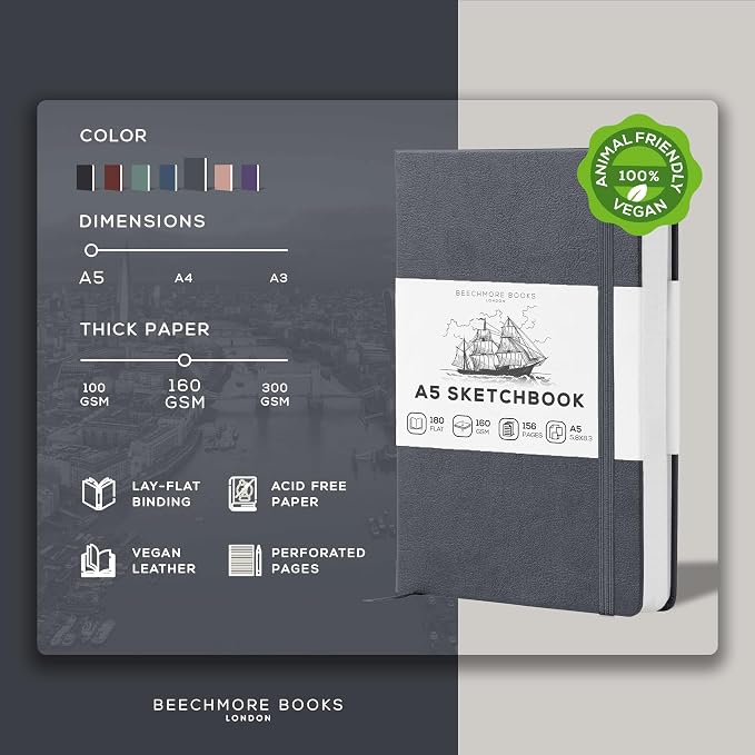Beechmore Books A5 5.8x8.3 Mixed Media Sketchbook 160 GSM/98LB, Gift Box | Hardcover Art Journal with Lay-Flat Binding, 156 Perforated Ivory Pages, Portable Size for Drawing, Ink & Light Watercolor