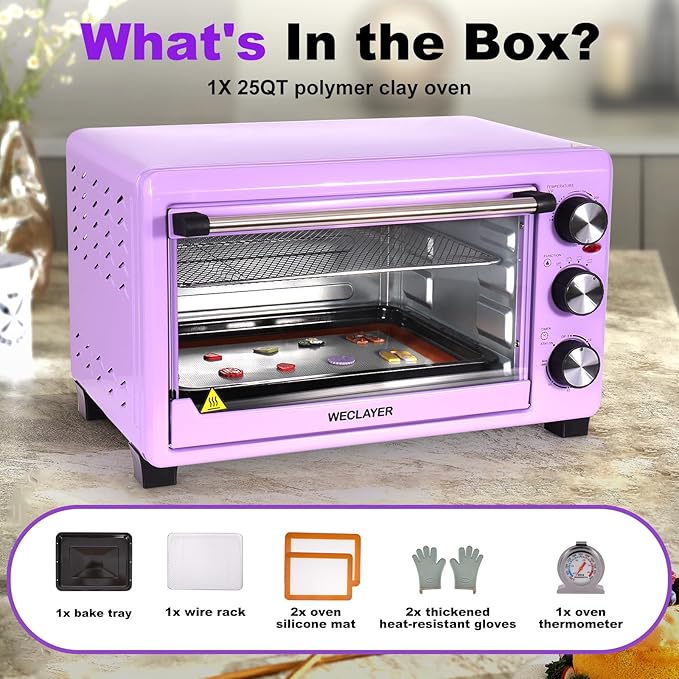25QT Polymer Clay Oven with Adjustable Time & Temperature,Large Capacity Electric Oven for bake Clay,Polymer Clay Tools,Includes Tray,Wire Rack,Thermometer,Heat-resistant Silicone Mat and Gloves