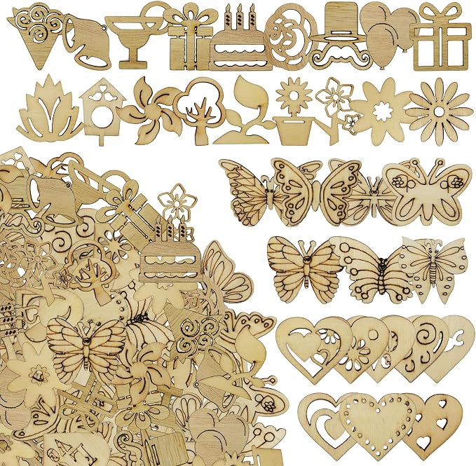 DIYOMR 200Pcs Hollow Wood Pieces Unfinished Wooden Vintage Embellishments Decorative Accessories for Graffiti Home Decor DIY Scrapbooking Handmade Crafts (Mix)