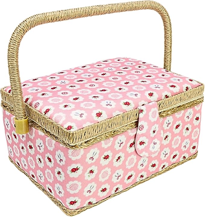Sewing Basket with Accessories, Large Sew Storage Organizer with Complete Tools, Wooden Sew Box with Removable Tray Tomato Pincushion for Mending, Pink Rose