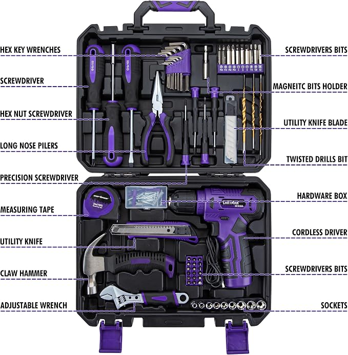 CARTMAN 150PCS 8V Cordless Drill Hand Tool Set, Purple Household Repair Kit | All-Inclusive Tool Assortment With 8V Drill, Great For Home Upkeep, DIY Crafting And Daily Household Fixes