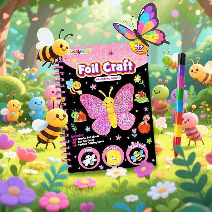 FUNNYB&G Foil Art Craft Kit for Kids, Sparkly Birthday Gift Toy for Girls | No Mess, Kids Ages 4-10 Create Sparkling Artwork, A Creative Gift for Birthdays, Holidays, Travel Activities,Screen-Free Fun