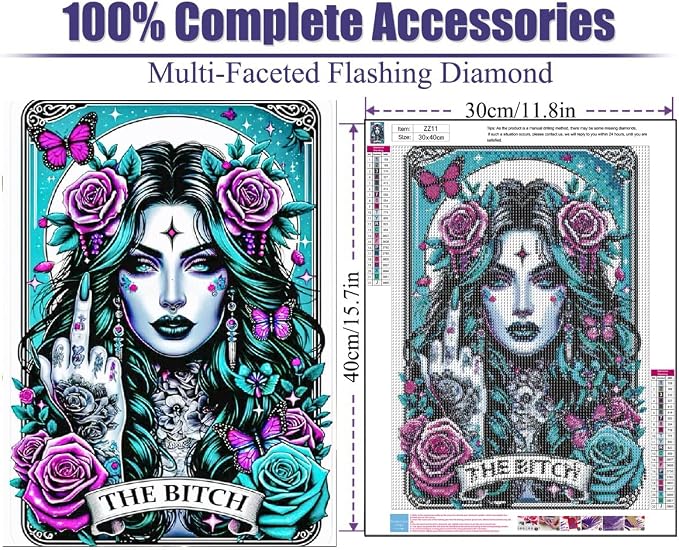 GQYCZZ Gothic Diamond Art Kits for Adults-THE Bitch Tarot Diamond Painting Kits for Adults Beginners, 5D DIY Full Drill Round Rhinestone Gem Art Crafts Paintings for Home Wall Decor 12"x16"