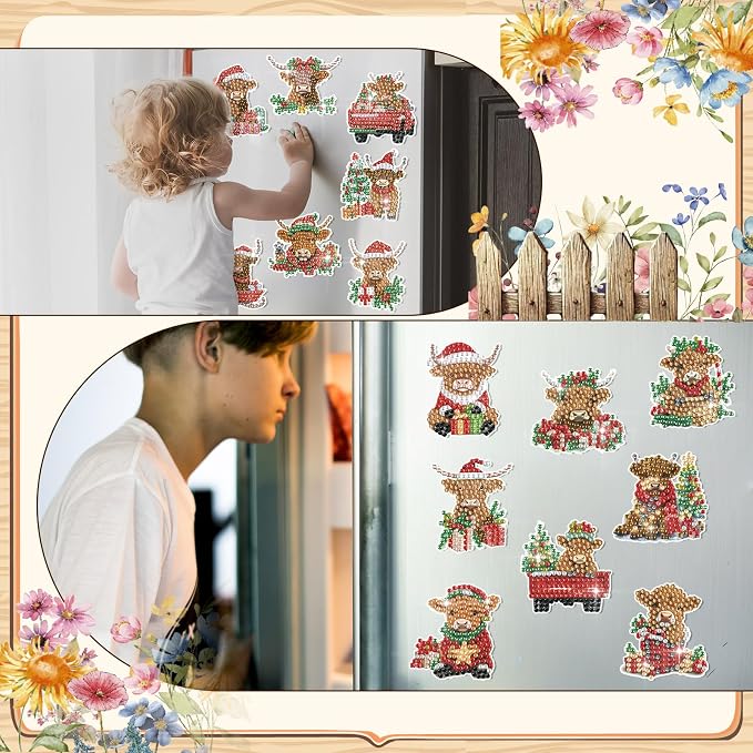 Remuuly 30 Pcs Christmas Diamond Painting Magnets Diamond Art Kit for Adult | Christmas Highland Cow Refrigerator Magnet, Xmas 5D Rhinestone Fridge Magnetic Sticker, Diamond Club Gift, Beginner DIY Craft