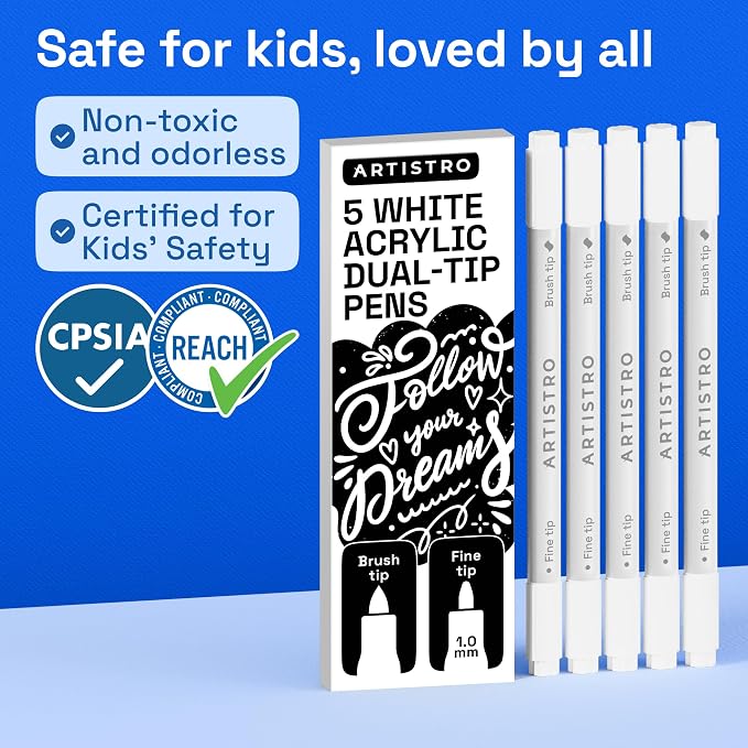 ARTISTRO 5 White Dual-Tip Acrylic Paint Marker Pens for Drawing | For Fabric, Rock, Glass, Wood, & Molds, Arts & Crafts Gift for Adults, Teens, & Kids, Classroom Must Haves & School Supplies