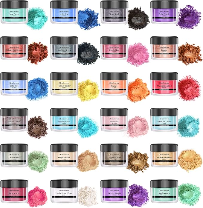 SEISSO Mica Powder - 24 Colors, 0.35 oz(10g) Bottles - Mica Glitter & Pigment for Epoxy Resin, Lip Gloss, Soap, Candle, Bath Bomb, Art Crafts, Nails, Slime