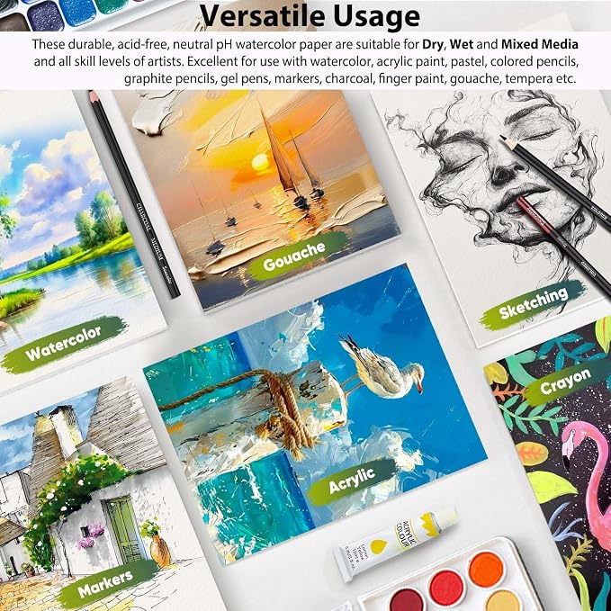 Soucolor Watercolor Paper Pad 9x12 140lb Cold Press 40 Sheets Art Supplies | Professional Wet Techniques Water Color Paper,140lb/300gsm Artist Painting Book texture,Acid-free archival quality