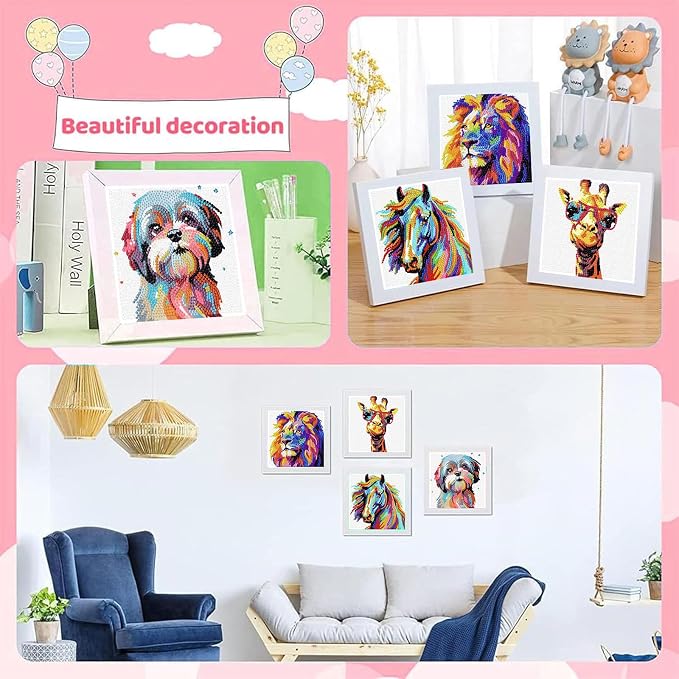 cviokrdu 4 PCS Diamond Art Kits for Kids, Animals Diamond Art for Kids Ages 4 8 12, Cute Horse Lion Dog Deer Gem Art Kit Crafts Beginners for Gift Home Wall Decor (6x6inch)