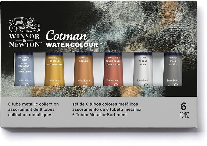Winsor & Newton Cotman Watercolor Paint Set, 6 x 8ml Tube Metallic Colors | Introductory Watercolor made with Fine Art Pigments, Perfect for Beginners, Lightfast & Permanent, Good Tinting Strength