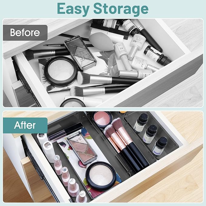 25 PCS Plastic Drawer Organizer Set, Makeup Organizers and Storage Bins | 4 Sizes Desk Drawer Divider Organizers and Storage Bins for Jewelry, Gadgets for Kitchen, Bedroom, Bathroom, Office, Black