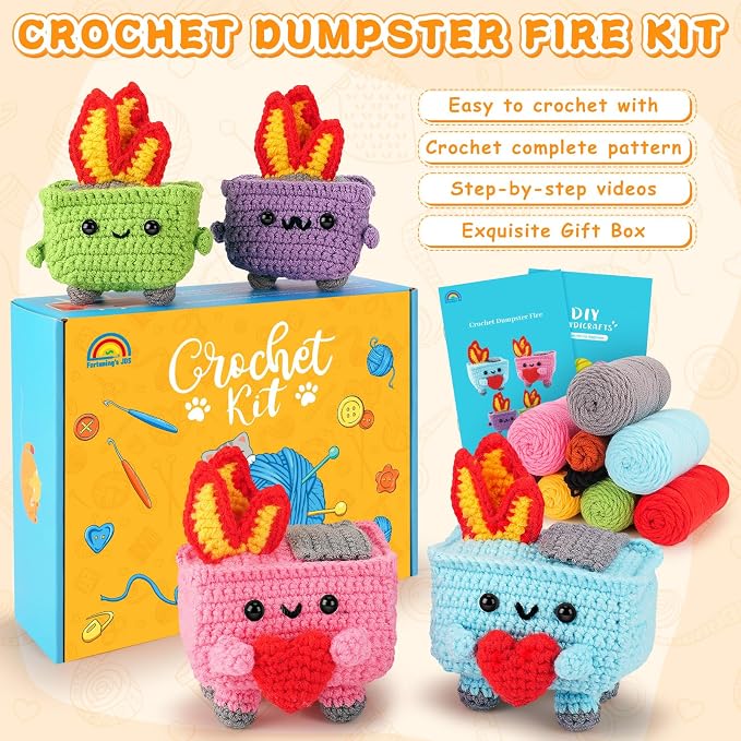 Crochet Kit for Beginners, 4PCS Dumpster Fire Crochet Starter Kit