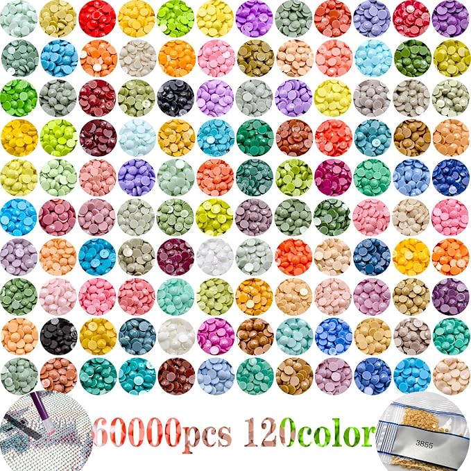 60000 Pieces 120 Color Diamond Art Painting Beads,Flat Bottom Round Resin Rhinestones for Diamond Art Painting Accessories, Round Drills for 5D Diamond Art DIY Craft