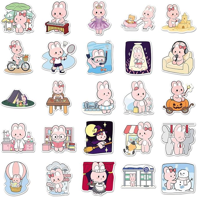 51PCS Cute Pink Bunny Stickers for Water Bottles, Aesthetic Cartoon Rabbit Vinyl Waterproof Stickers for Laptop, Journal, Phone, Scrapbook Teens Adults Decorative Size 1.78-2.35 Inch(Cute Pink Bunny)