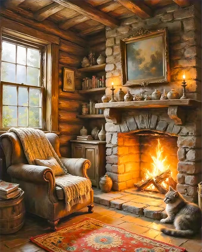 Paint by Numbers Kit for Adults, Cozy Fireplace & Rustic Cabin, 16x20 Inch