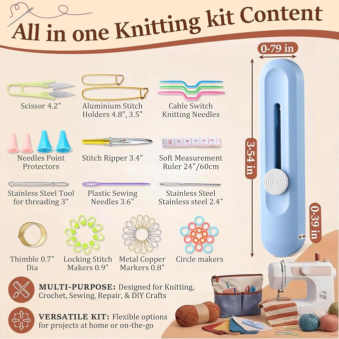 Gulfmew All in One Knitting Kit with Automatic Needle Threader, Sewing Accessories Set with Scissors, Stitch Markers & Portable Storage Case, Easy Threading Tool for Beginners, Crochet & DIY Crafts