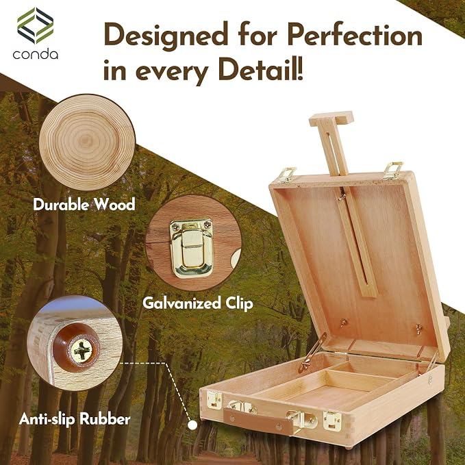 CONDA Premium Wooden Sketch Box Easel - Adjustable Tabletop Art Easel for Painting, Drawing & Sketching, Solid Beech Wood Design with Art Supply Storage, Ideal for Artists, Students & Beginners