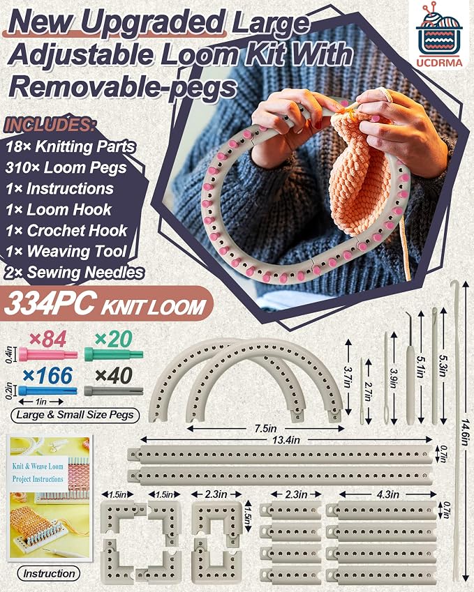 UCDRMA Upgraded Large Adjustable Loom Knitting Kit with Removable-pegs, Up to 132 Sizes & Shapes Weaving Knitting Loom for Blankets/Scarves/Hats, Beginners Infinity Crochet Loom Kit with Instructions