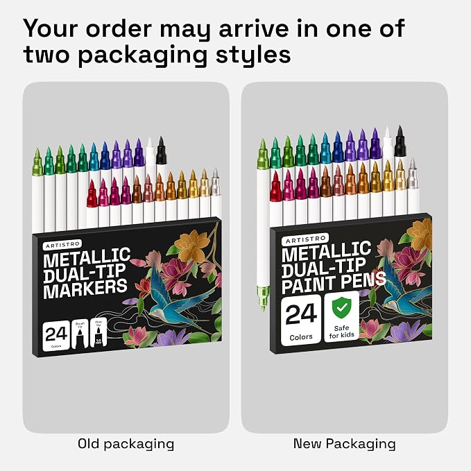 ARTISTRO 24 Metallic Dual-Tip Acrylic Paint Marker Pens for Drawing | For Fabric, Rock, Glass, Wood, & Molds, Arts & Crafts Gift for Adults, Teens, & Kids, Classroom Must Haves & School Supplies