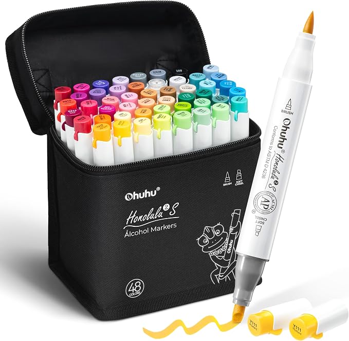 Ohuhu Alcohol Markers 48 Colors Brush& Soft Chisel AP Certified Refillable | Dual Tips Drawing Markers for Artists Beginners Adults Cozy Coloring Illustration Sketching, Honolulu 2S