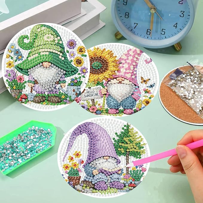 8 Pack Diamond Art Coasters Kits, Gnomes Diamond Painting Coasters Kits