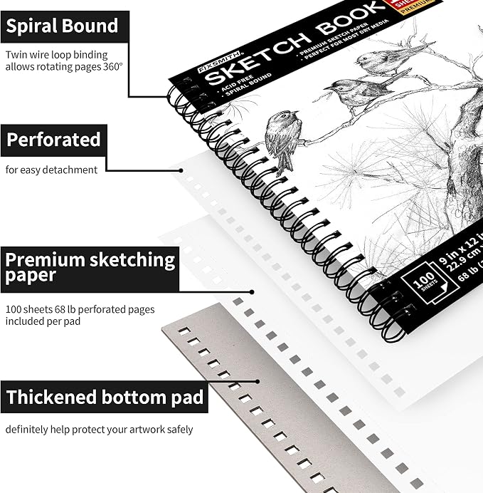 FIXSMITH 9"X12" Sketch Book, 100 Sheets, 68 lb/100gsm, 4 Pack Black | Acid Free Drawing Paper | Spiral Bound Artist Sketch Pad | for Kids, Beginners, Artists & Professionals | Bright White