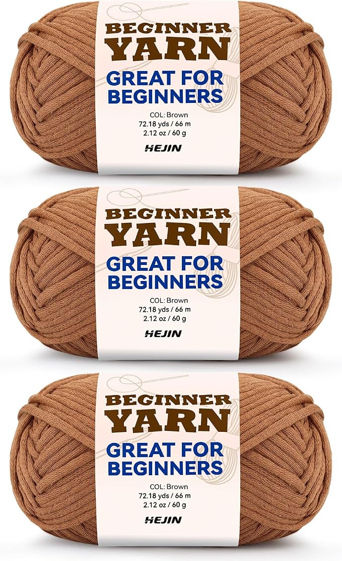 3x60g Brown Yarn for Crocheting and Knitting;3x66m (72yds) Cotton Yarn for Beginners with Easy-to-See Stitches;Worsted-Weight Medium #4;Cotton-Nylon Blend Yarn for Beginners Crochet Kit Making