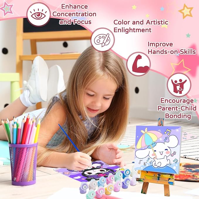 4 Pack Cartoon Paint by Numbers Kit for Kids with Frame - Wooden Easel | Cute Kids Paint by Numbers Ages 4 8 12, Easy DIY Acrylic Oil Painting for Gift Home Wall Decor (8x8 inch)