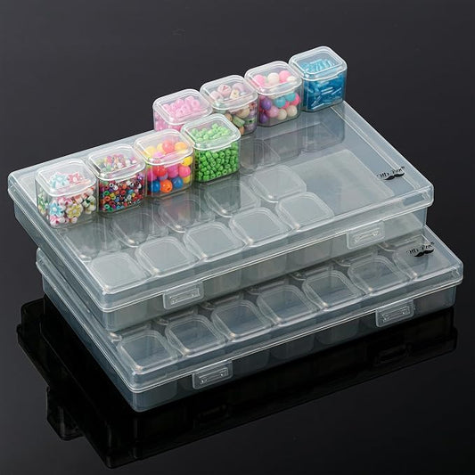 Mr. Pen- Bead Storage Containers, 28 Grids, 2 Pack, Grey | 160 pcs Label Stickers, Transparent, Small Bead Organizer Box, Diamond Art, Diamond Painting Organizer