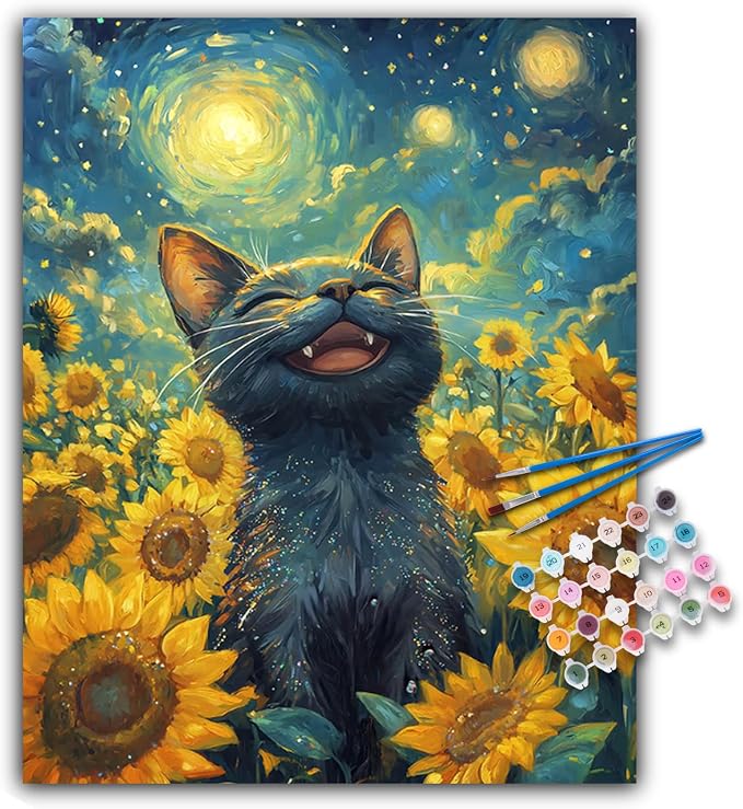 Paint by Numbers Kit for Adults, Sunflowers Black Cat Canvas Painting Set | 16x20 Inch, DIY Acrylic Number Painting Craft Kit for Adults Beginners, Home Wall Decor, Stress Relief Relaxing Hobby Gift
