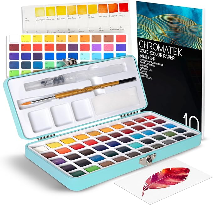 CHROMATEK Watercolor Paint Set, 50 Vivid Colors, Water Color Paper Pad, Brush, Aqua Pen, Palette, Color Chart, Swatch Sheets & Metal Travel Case, Premium All-In-One Art Travel Kit Art Supplies