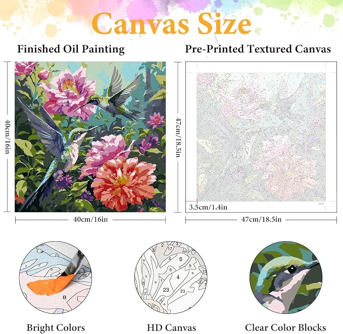 Paint by Numbers Kit for Adults, Hummingbird & Blooming Flowers, 16x16 Inch