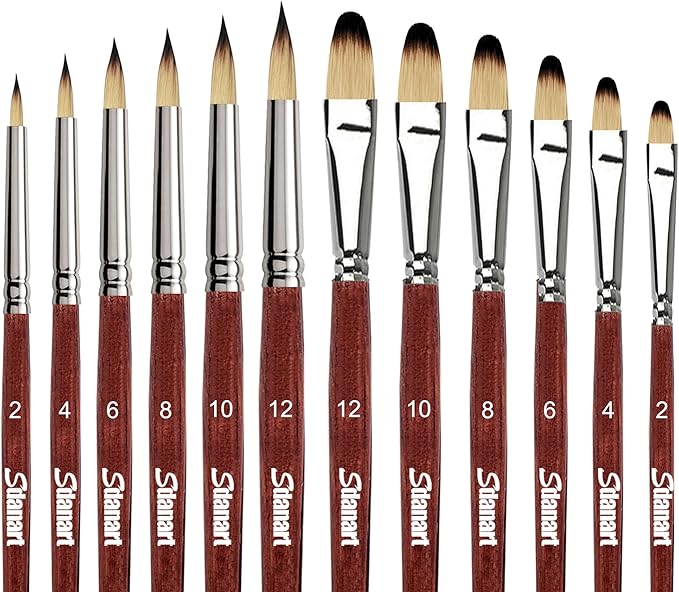Sdanart 12 pcs Acrylic Paint Brushes Set,Round Pointed Tip Filbert Brush | 6 Round Pointed Tip Paintbrushes and 6 Filbert Artist Paintbrush for Watercolor,Acrylics,Oil,Gouache,Ink Artists Beginners
