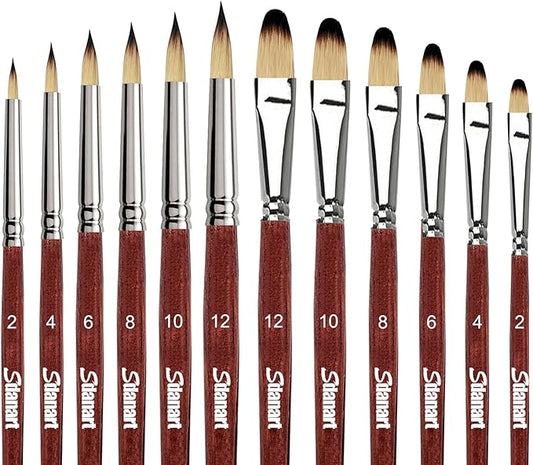 Sdanart 12 pcs Acrylic Paint Brushes Set,Round Pointed Tip Filbert Brush | 6 Round Pointed Tip Paintbrushes and 6 Filbert Artist Paintbrush for Watercolor,Acrylics,Oil,Gouache,Ink Artists Beginners