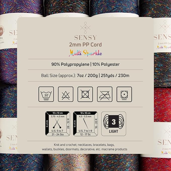 S Sensy 2mm-Polypropylene Macrame Cord 5 Pack Anthracite Multi Sparkle 252y